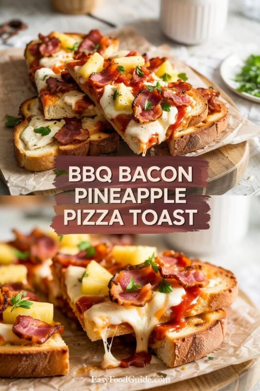 BBQ Bacon Pineapple Pizza Toast topped with bacon, pineapple, and melted cheese on a rustic wooden table.