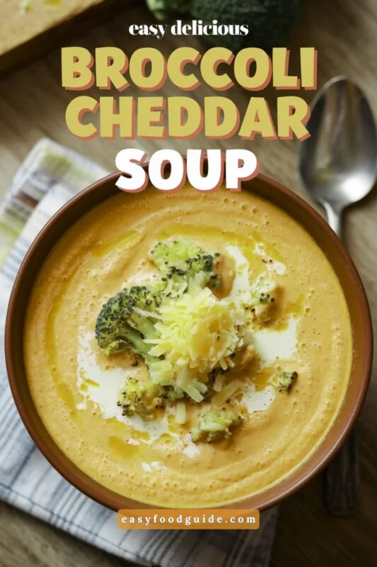 Bowl of creamy broccoli cheddar soup with bright green broccoli and golden cheese, set on a wooden table with rustic bread.