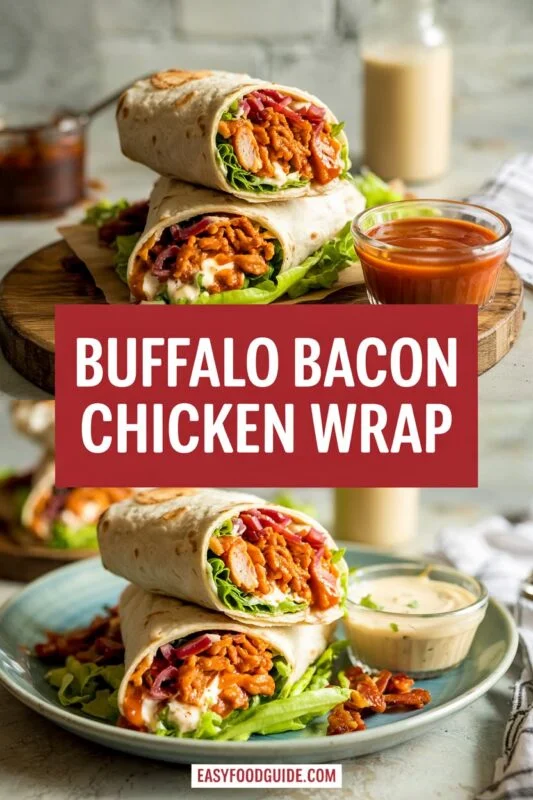 A Spicy Buffalo Bacon Chicken Wrapx with vibrant fillings, served on a wooden plate.