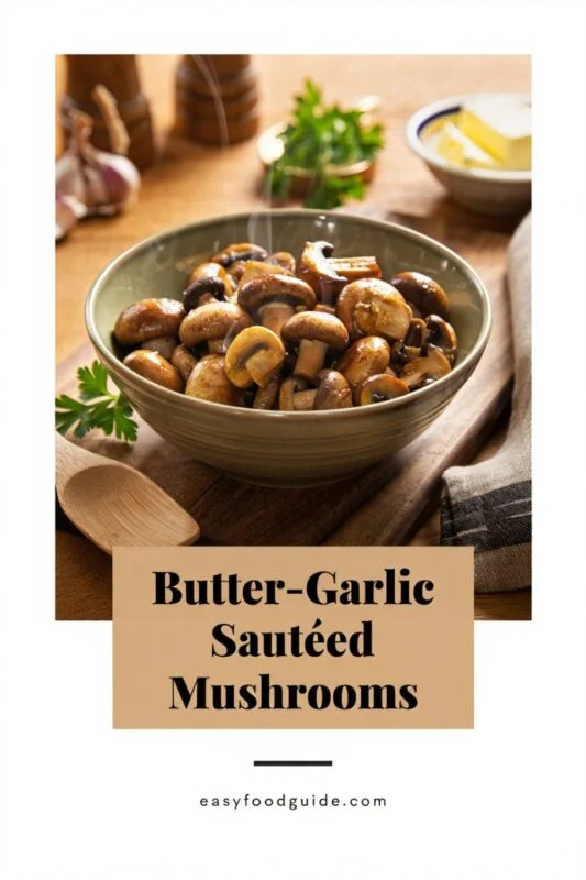 A bowl of butter-garlic sautéed mushrooms garnished with parsley