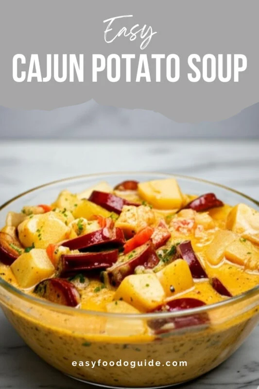 A hearty bowl of creamy Cajun potato soup with sausage and garnished with green onions on a rustic table.