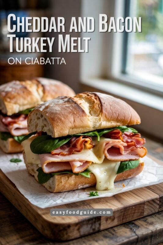 A beautifully arranged Cheddar and Bacon Turkey Melt on Ciabatta with layered turkey, bacon, and cheese on a wooden board.