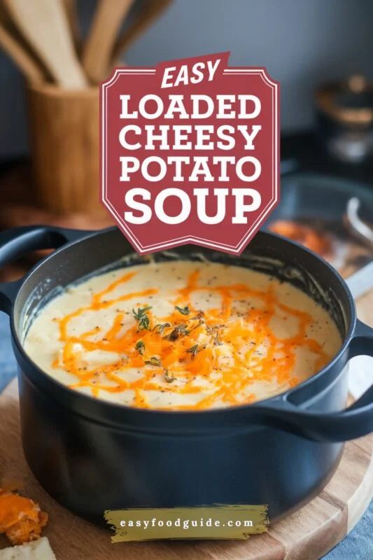 A pot of loaded cheesy potato soup on a wooden board with a red banner reading