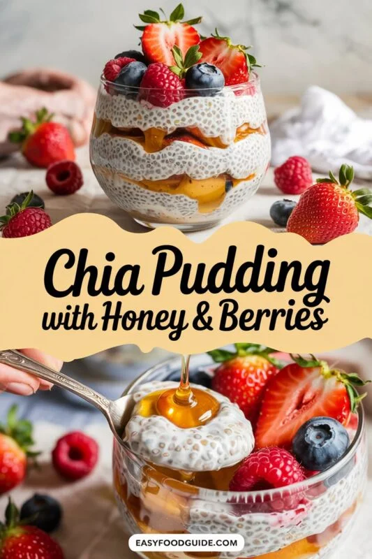 Chia pudding topped with honey and berries on a minimalist kitchen counter.