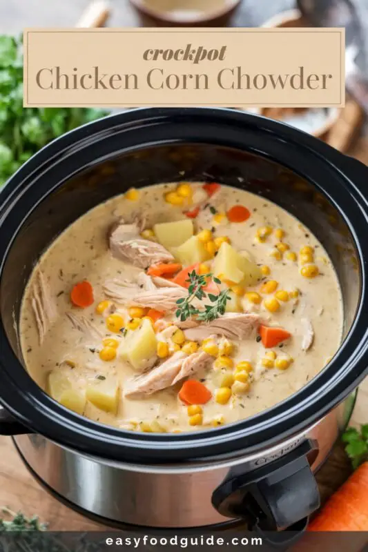A crockpot filled with creamy chicken corn chowder with chicken, corn, potatoes, and carrots, placed on a wooden surface with fresh herbs.