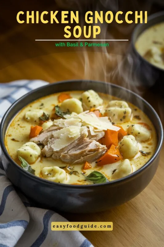 Creamy chicken gnocchi soup with chicken, gnocchi, vegetables, and parmesan in a cozy kitchen setting.