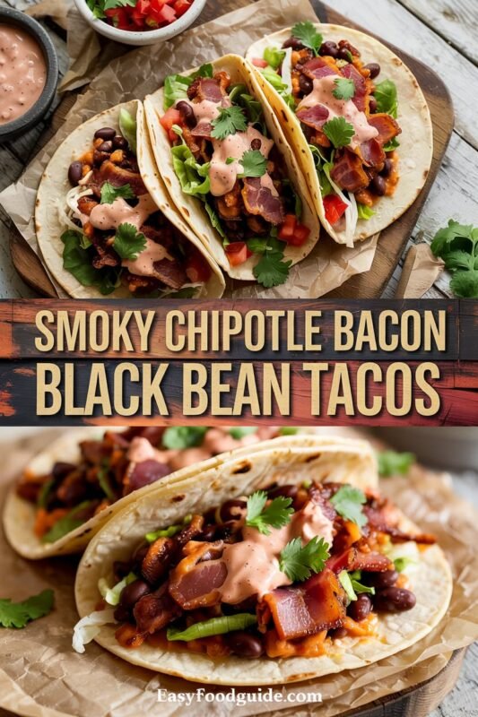 Soft tortillas filled with smoky chipotle bacon and black beans, topped with fresh vegetables, served with lime wedges.