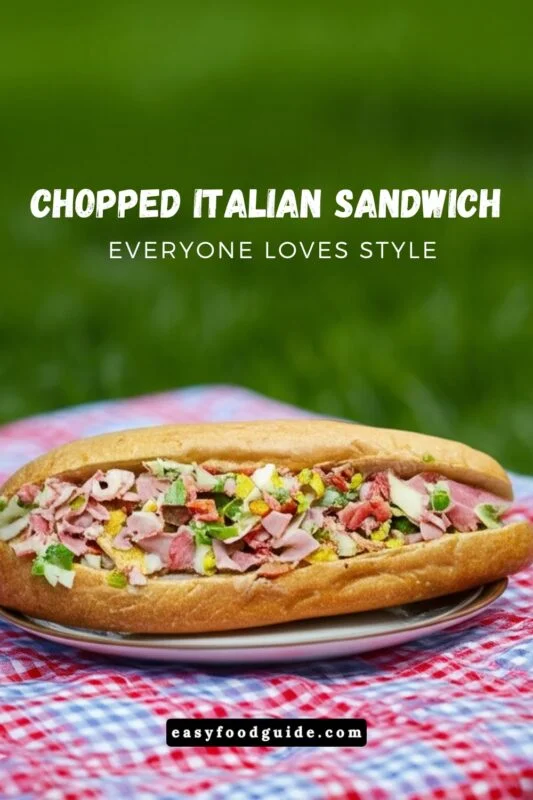 A colorful chopped Italian sandwich loaded with deli meats, cheese, and fresh veggies, served on a wooden board.
