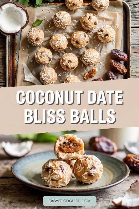 A stack of coconut date bliss balls on a wooden plate with dates and coconut flakes.