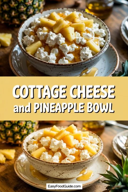 A Cottage Cheese and Pineapple Bowl on a white plate with pineapple chunks and honey, garnished with mint.