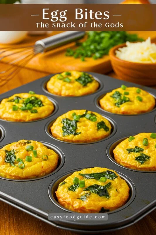 A plate of cottage cheese egg bites in muffin tin on rustic wood, garnished with cheese and herbs, with vibrant text overlay.