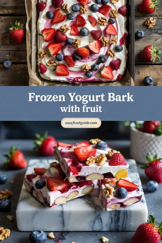 Frozen yogurt bark with fresh berries and nuts on a marble surface, showcasing a colorful and healthy treat.