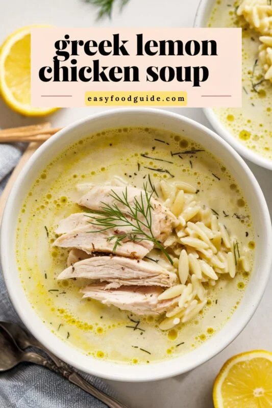 A bowl of Avgolemono Greek Lemon Chicken Soup with orzo and shredded chicken, garnished with dill, placed on a simple background.