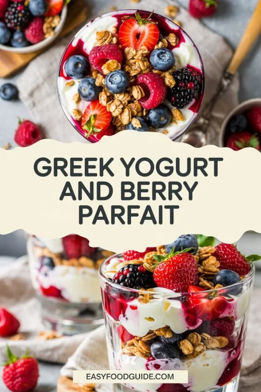 Greek Yogurt and Berry Parfait in a glass jar with berries and granola on a marble countertop.