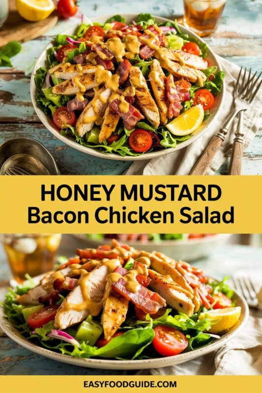 Honey Mustard Bacon Chicken Salad with grilled chicken, crispy bacon, fresh greens, and honey mustard dressing in a wooden bowl.