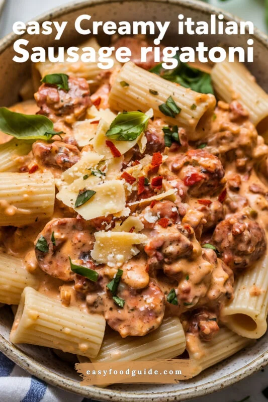 A hearty plate of rigatoni pasta with creamy tomato sauce and Italian sausage, garnished with Parmesan and basil.