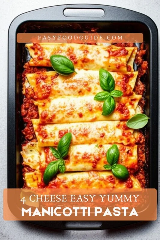 4 Cheese Manicotti Pasta in tomato basil sauce, garnished with basil leaves.