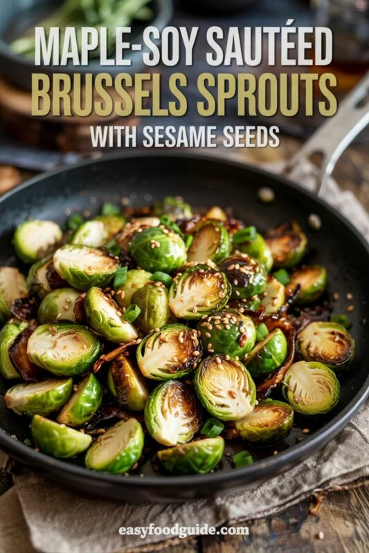 Maple-Soy Sautéed Brussels Sprouts in a white bowl with sesame seeds