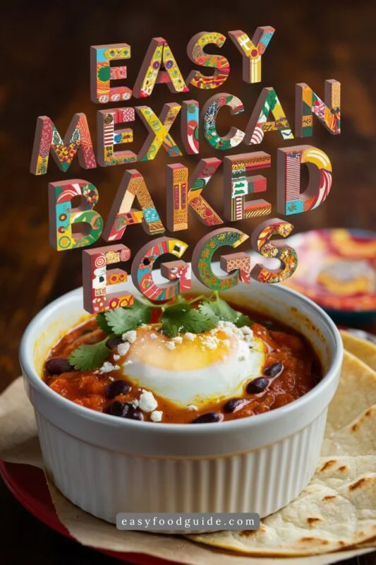 Rustic Mexican Baked Eggs with black beans, runny yolks, queso fresco, and tortilla in a ramekin.
