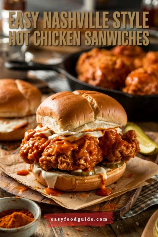 A crispy Nashville Hot Chicken Sandwich with fried chicken, dipping oil, and pickles, on a rustic table.