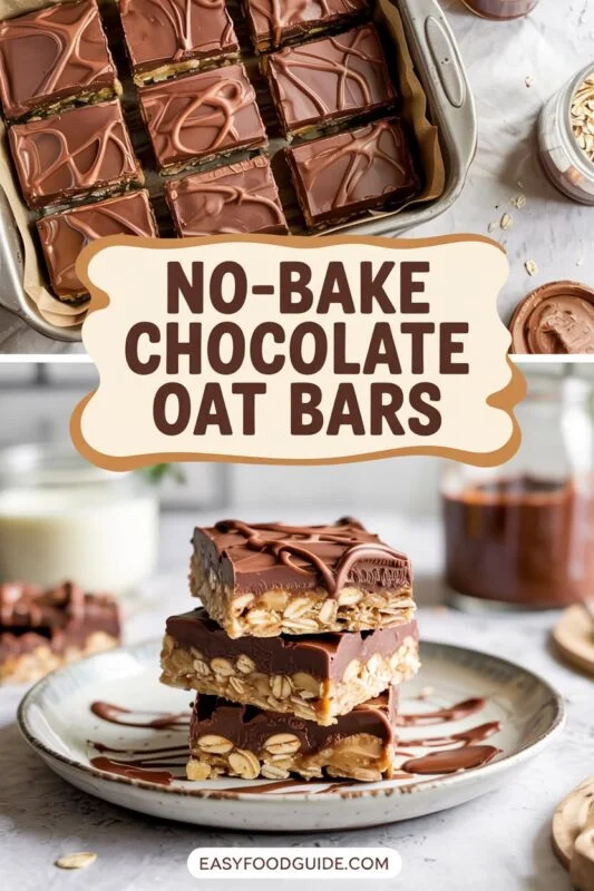 Chewy no-bake chocolate oat bars on a white plate, drizzled with chocolate, set in a cozy kitchen.