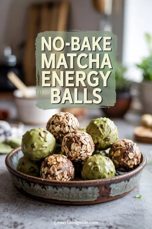 A plate of no-bake matcha energy balls, coated in green tea powder, ready to be enjoyed.