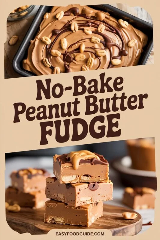Creamy no-bake peanut butter fudge squares drizzled with chocolate and scattered with peanuts on parchment paper.