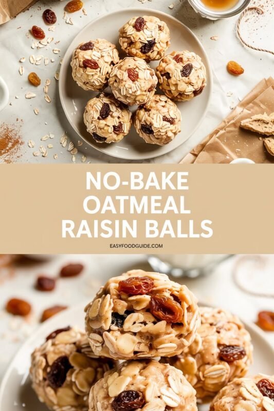 Plate of no-bake oatmeal raisin balls on a rustic wooden table, with a jar of peanut butter and raisins in the background.