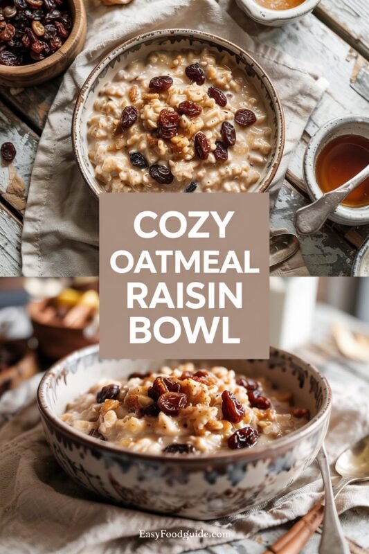 A warm bowl of oatmeal with raisins and cinnamon on a rustic wooden table.