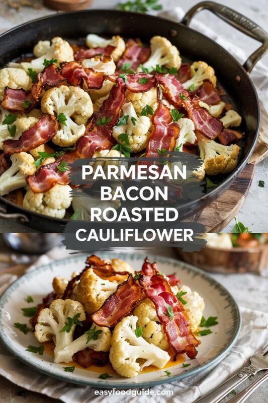 Roasted cauliflower with bacon and Parmesan cheese garnished with parsley on a rustic wooden table.