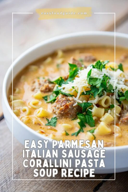 A bowl of creamy Italian sausage soup with corallini pasta and Parmesan, served with bread.