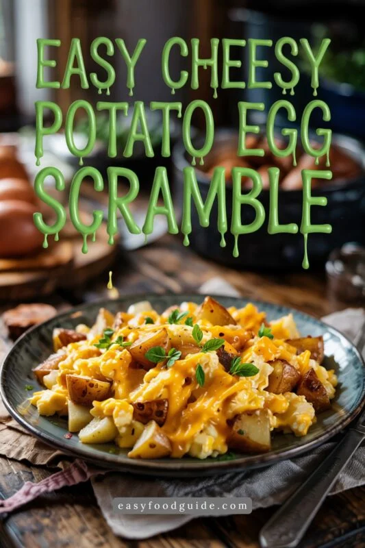 A delicious plate of cheesy potato egg scramble with fluffy eggs and crispy potatoes, beautifully presented on a rustic table.