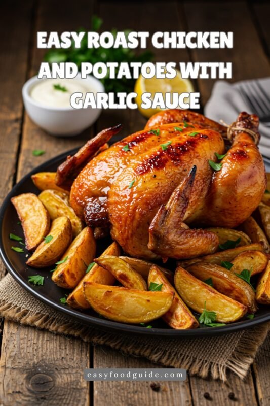 Roast chicken with crispy potatoes and garlic sauce, garnished with parsley and lemon, on a wooden table.