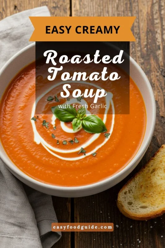 Silky creamy roasted garlic tomato soup in a rustic bowl on a wooden table, with roasted garlic and tomatoes, styled for a cozy homey presentation.