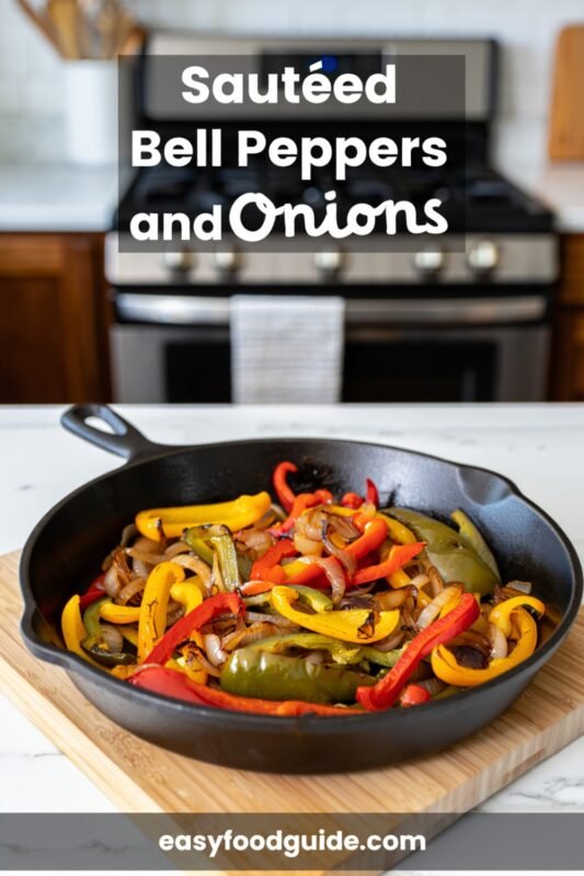 A pan filled with sautéed bell peppers and onions in a rich balsamic glaze.