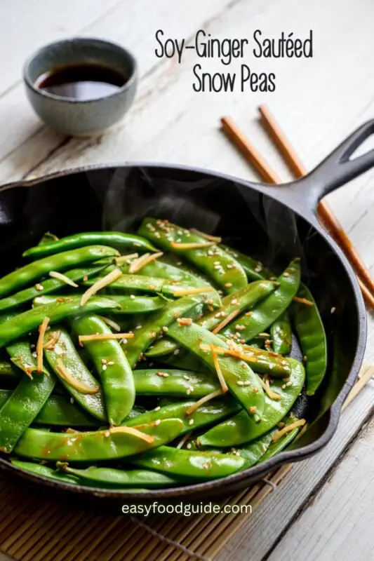 Soy-Ginger Sautéed Snow Peas on skillet