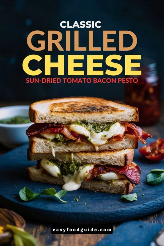 A delectable sun-dried tomato bacon pesto grilled cheese sandwich on a wooden board with tomato soup.