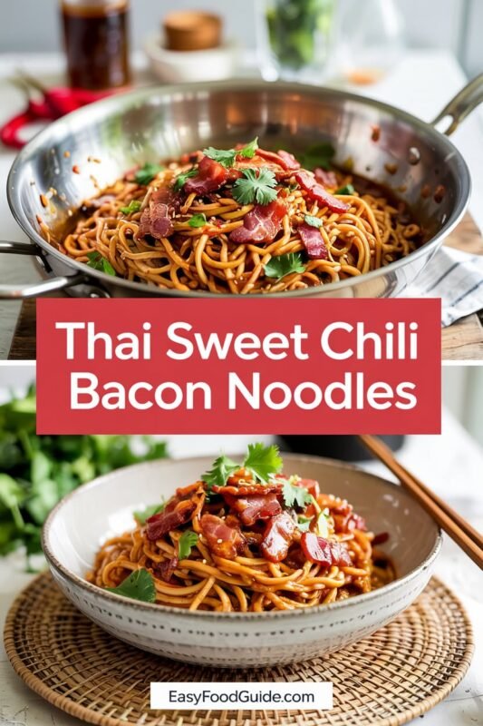 Thai Sweet Chili Bacon Noodles with crispy bacon, green onions, and cilantro on a rustic table.