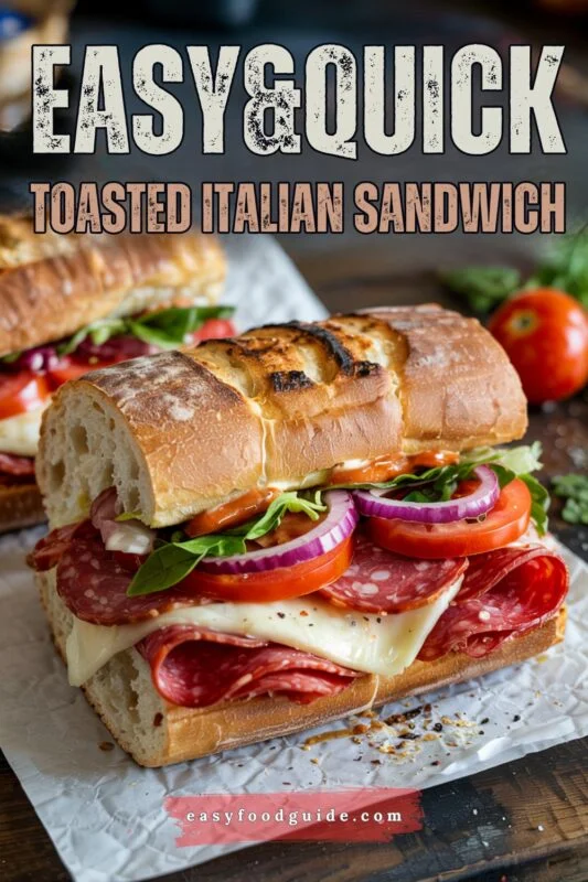 Toasted Italian sandwich with salami, pepperoni, provolone cheese, lettuce, tomato, and red onion on ciabatta bread.