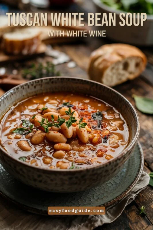 A cozy bowl of creamy Tuscan white bean soup with carrots and spinach, garnished with parsley, served with bread.