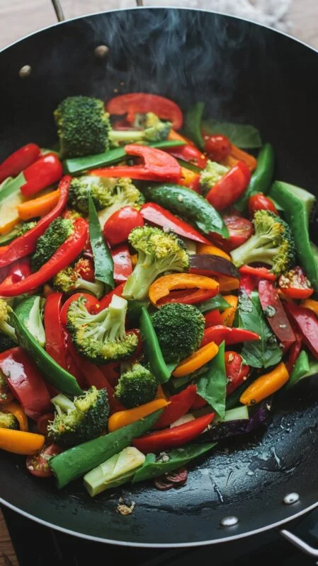 A colorful vegetable stir fry with bell peppers, broccoli, carrots, and snow peas in a skillet, served with rice.