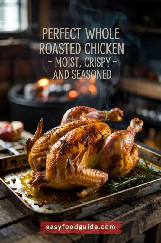 A whole roasted chicken on a wooden platter, garnished with lemon wedges and herbs.