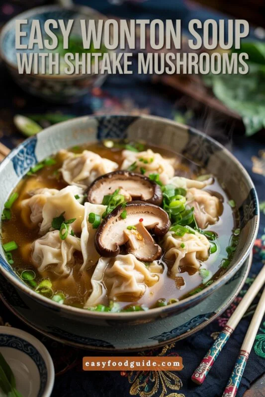 A cozy bowl of wonton soup with wontons and shiitake mushrooms, garnished with green onions, surrounded by chopsticks and a decorative spoon.