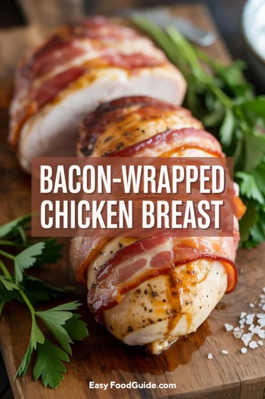 Crispy bacon-wrapped chicken breast with cream cheese, sliced open to display juicy interior, garnished with parsley on a rustic table.
