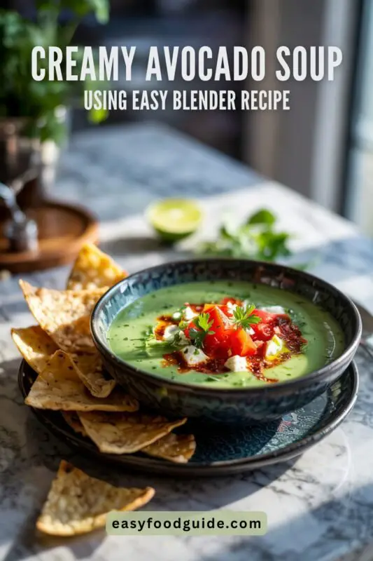 AVOCADO-SOUP-01 Creamy avocado soup in a bowl garnished with tomatoes and feta, served with tortilla chips.