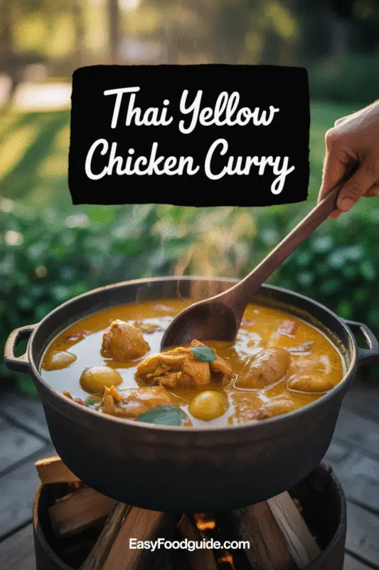 Thai Yellow Chicken Curry in a pot being cooked outdoors over a wooden fire and stirred with a wooden spoon.