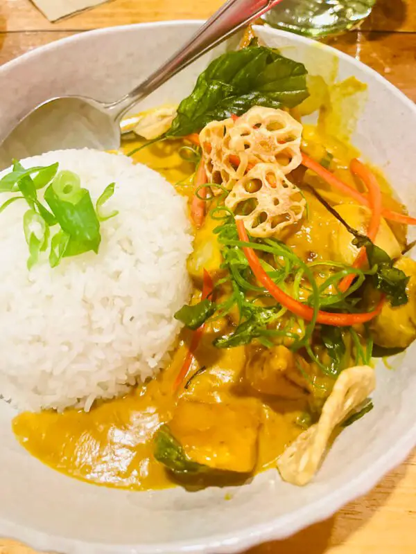 A bowl of Vegan Thai Yellow Curry with roasted pumpkin, eggplant, and green beans, served with rice and garnished.