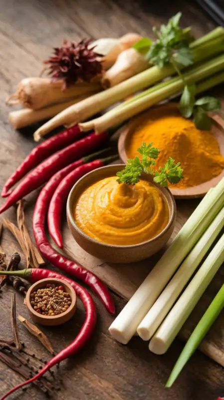 Easy Homemade Thai Yellow Curry Paste Recipe A collection of fresh ingredients for Thai Yellow Curry Paste, including red chillies, lemongrass, and spices, with a bowl of the curry paste in the foreground.