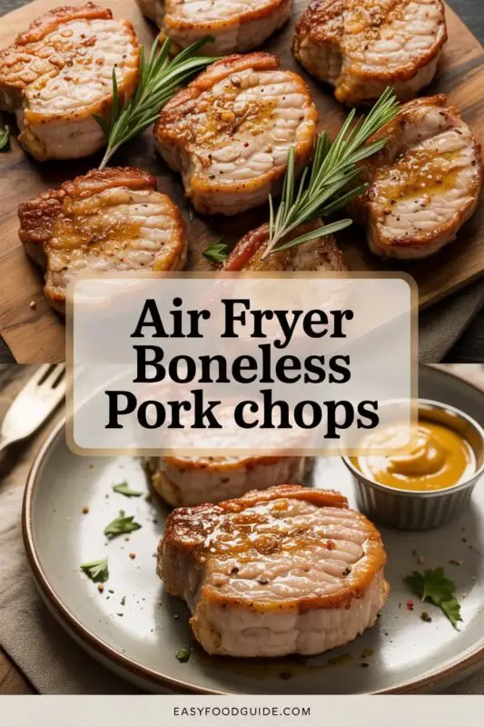Crispy air fryer boneless pork chops on a plate with herbs and vegetables.