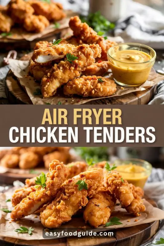 air-fryer-chicken-01 Crispy air fryer chicken tenders in a rustic basket with honey mustard sauce and sweet potato fries on a farmhouse table.